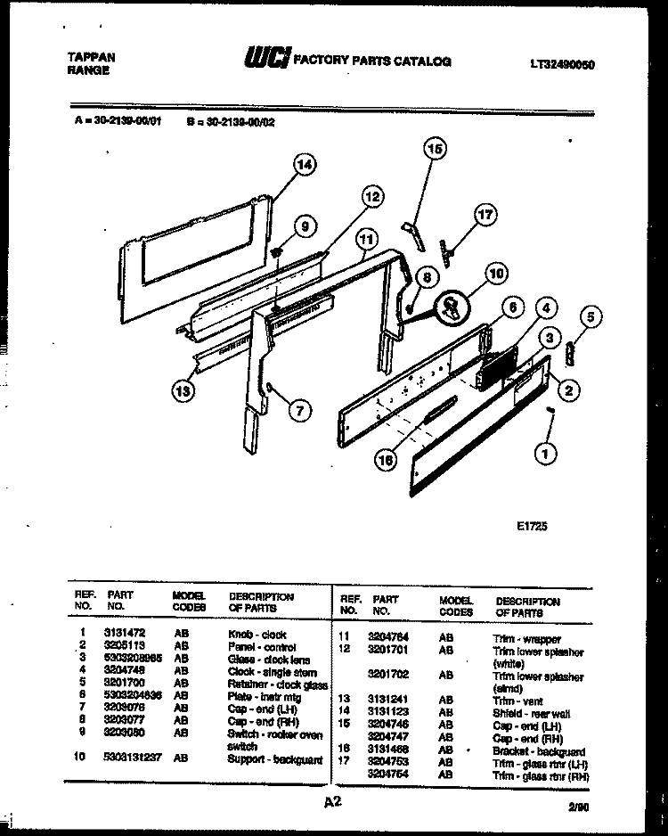 BACKGUARD Diagram and Parts List for 30-2139-23-01  Tappan Range