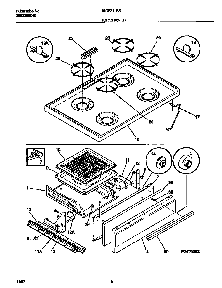 TOP / DRAWER Diagram and Parts List for MGF311SBDF  Frigidaire Range