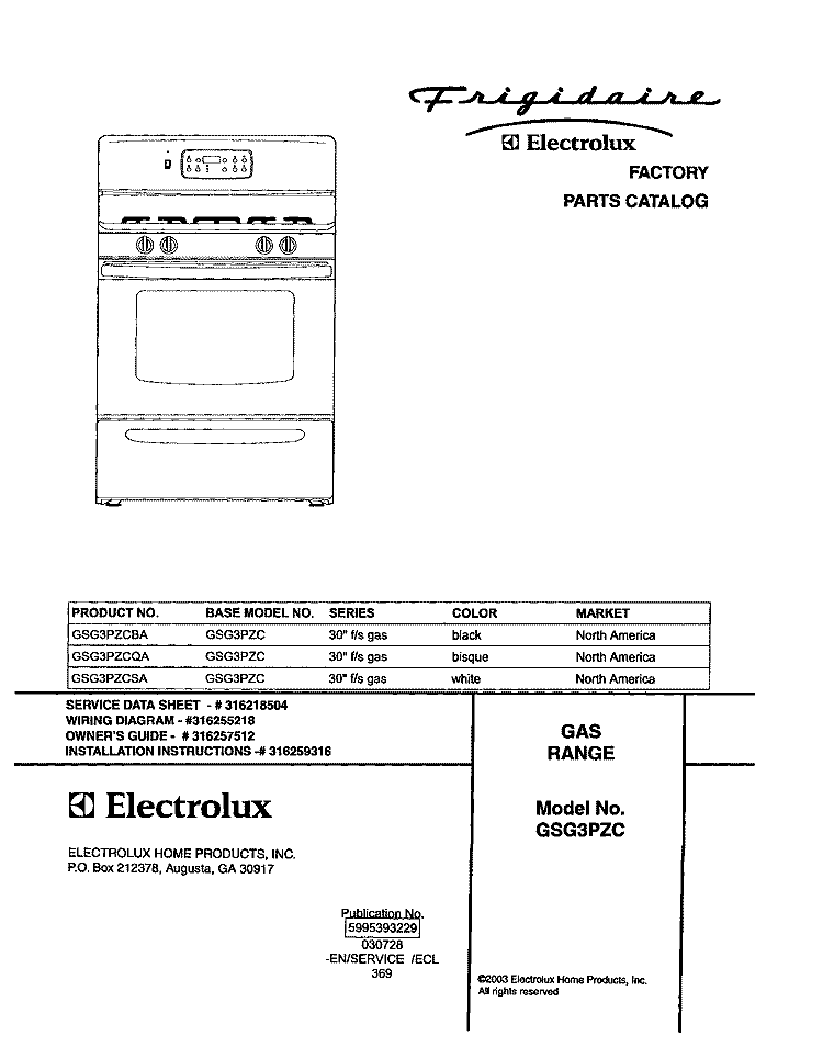 COVER Diagram and Parts List for GSG3PZCQA  Frigidaire Range