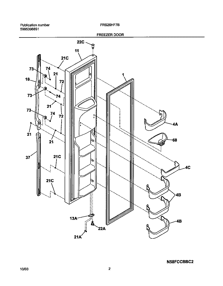 FREEZER DOOR Diagram and Parts List for FRS26HF7BQ4  Frigidaire Refrigerator