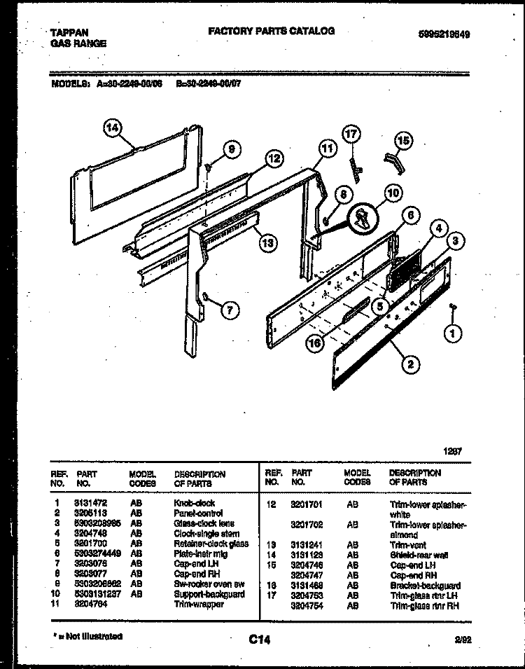 BACKGUARD Diagram and Parts List for 30-2249-00-06  Tappan Range