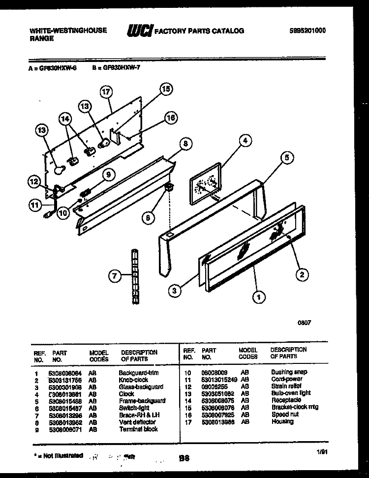BACKGUARD Diagram and Parts List for GF830HXD7  Frigidaire Range
