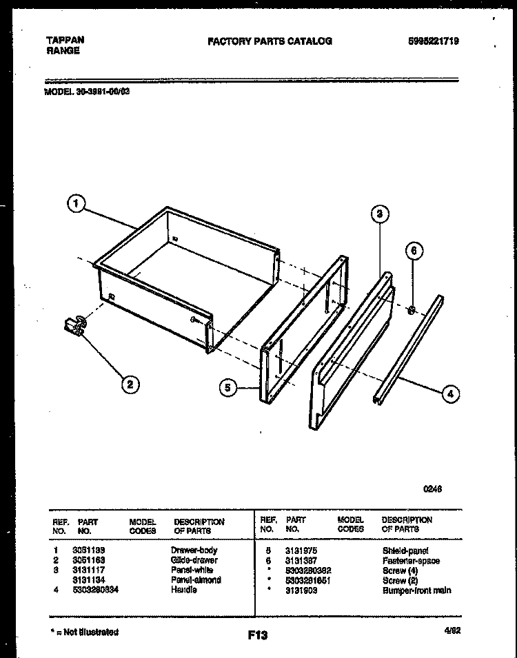 DRAWER PARTS Diagram and Parts List for 30-3991-00-03  Tappan Range