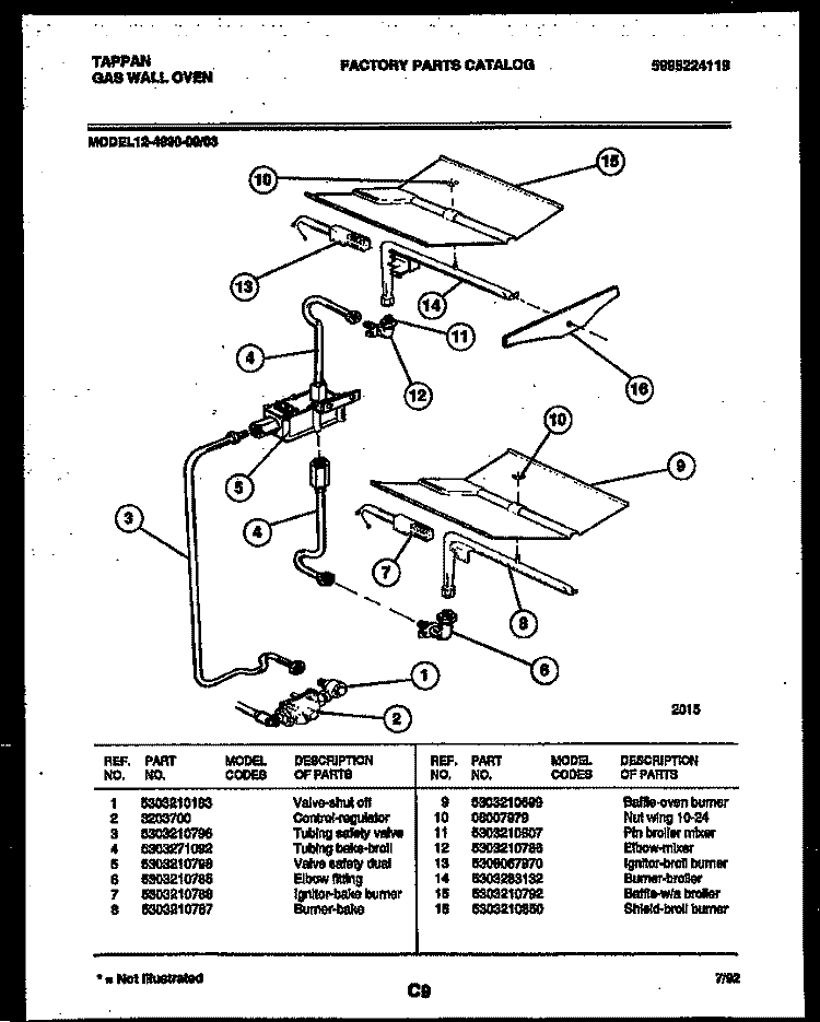 GAS CONTROL Diagram and Parts List for 12-4990-00-03  Tappan Wall Oven