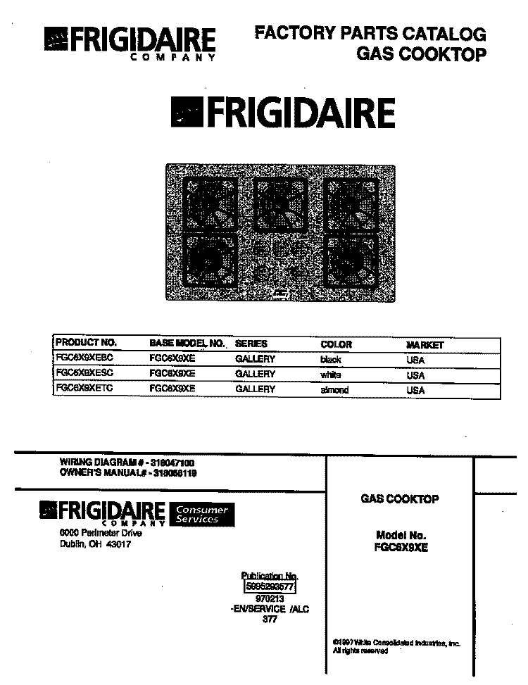 COVER Diagram and Parts List for FGC6X9XEBC  Frigidaire Cooktop