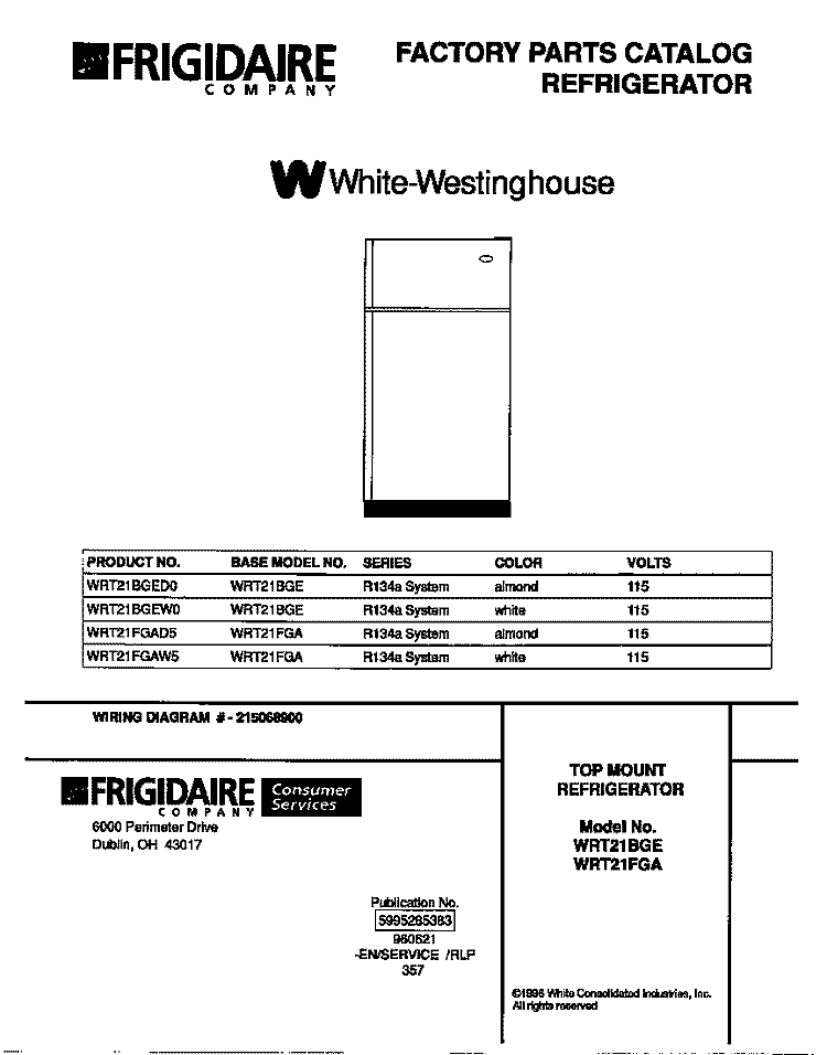 COVER Diagram and Parts List for WRT21FGAW5  Frigidaire Refrigerator