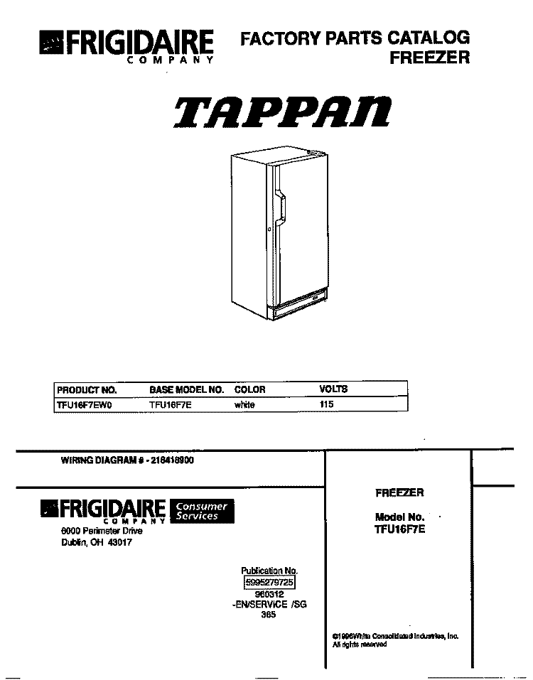 COVER Diagram and Parts List for TFU16F7EW0  Tappan Freezer