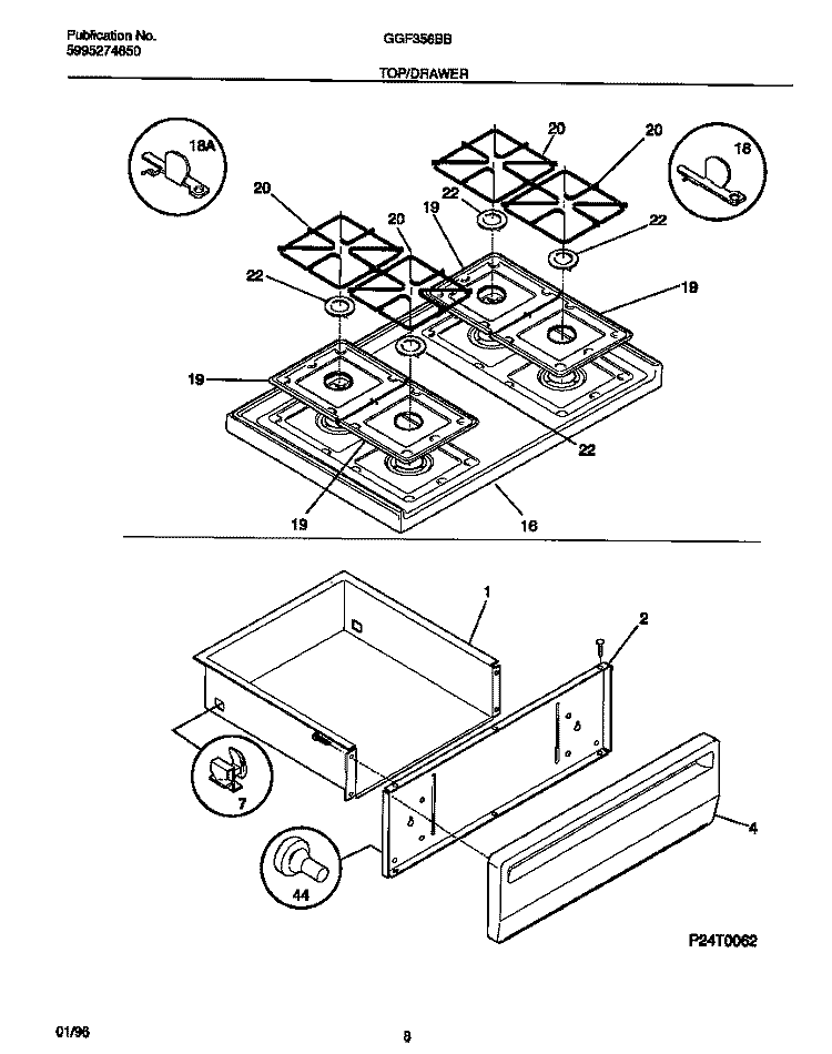 TOP / DRAWER Diagram and Parts List for GGF356BBDD  Gibson Range