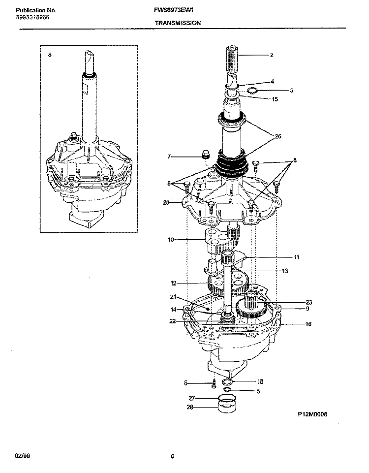 TRANSMISSION Diagram and Parts List for FWS6973EW1  Frigidaire Washer