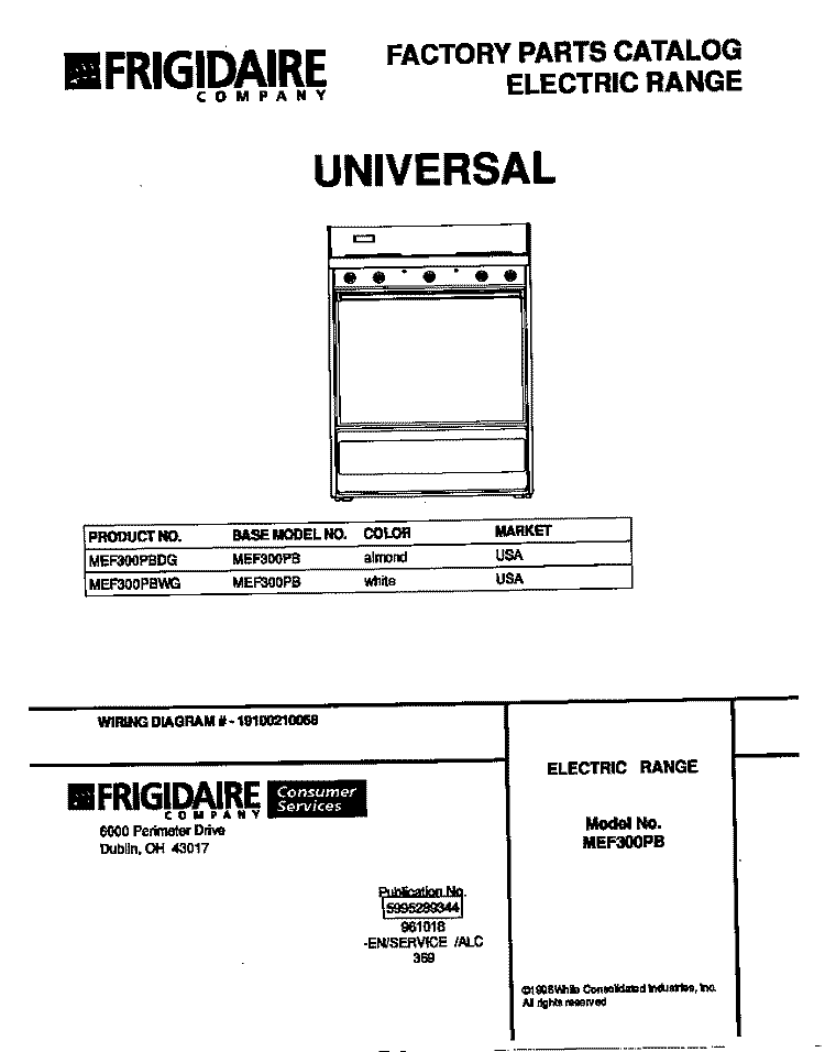 COVER Diagram and Parts List for MEF300PBDG  Frigidaire Range