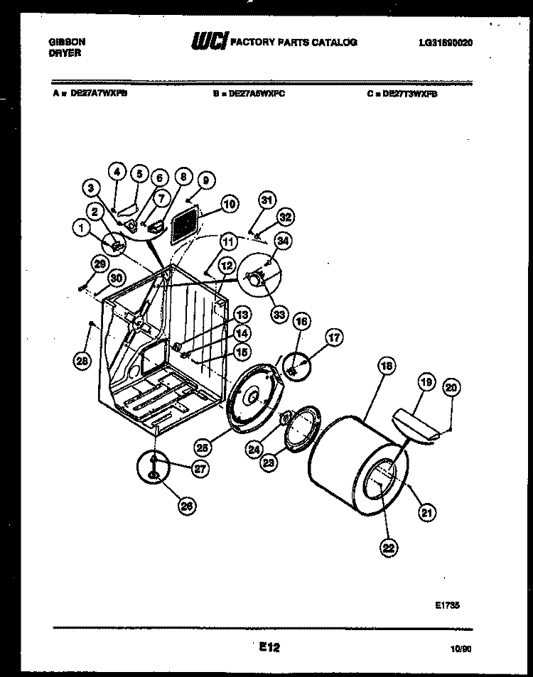 CABINET AND COMPONENT PARTS Diagram and Parts List for DE27A7WXFB  Gibson Dryer