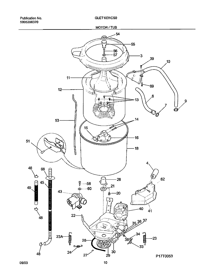 MOTOR / TUB Diagram and Parts List for GLET1031CS0  Frigidaire Washer Dryer Combo