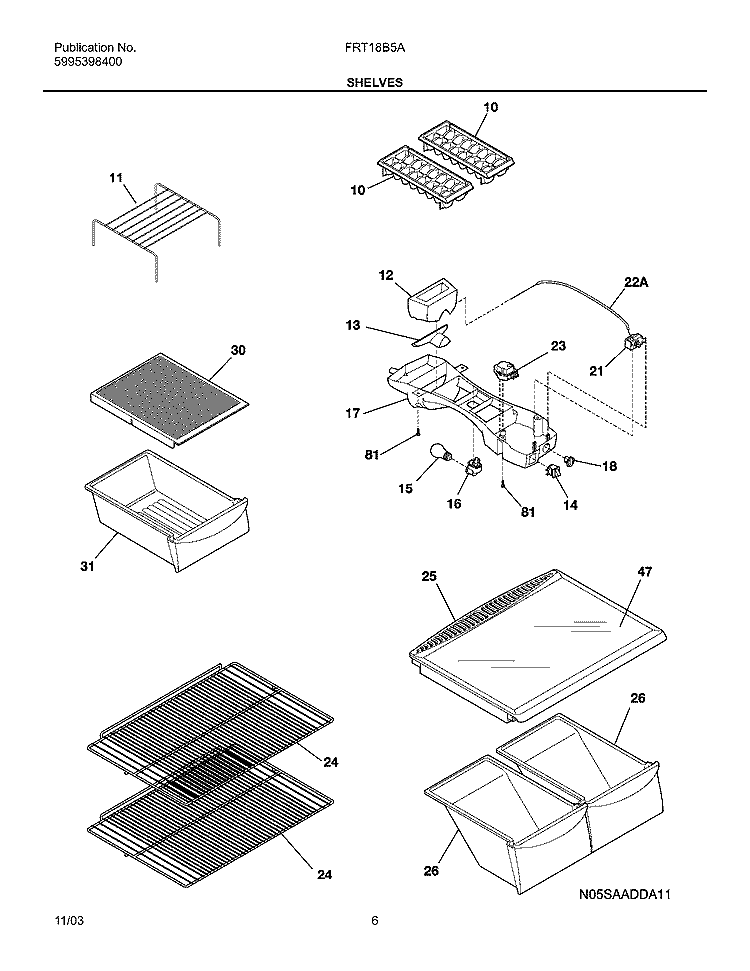 SHELVES Diagram and Parts List for FRT18B5AQ9  Frigidaire Refrigerator