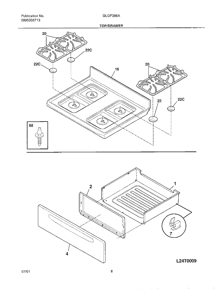 TOP / DRAWER Diagram and Parts List for GLGF366AQA  Frigidaire Range
