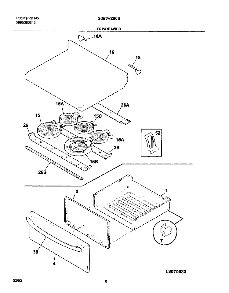 TOP / DRAWER Diagram and Parts List for GSE3WZBCB  Frigidaire Range
