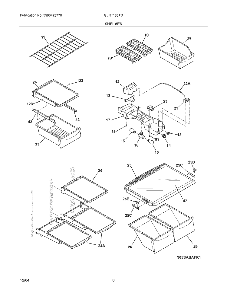 SHELVES Diagram and Parts List for GLRT185TDK6  Frigidaire Refrigerator