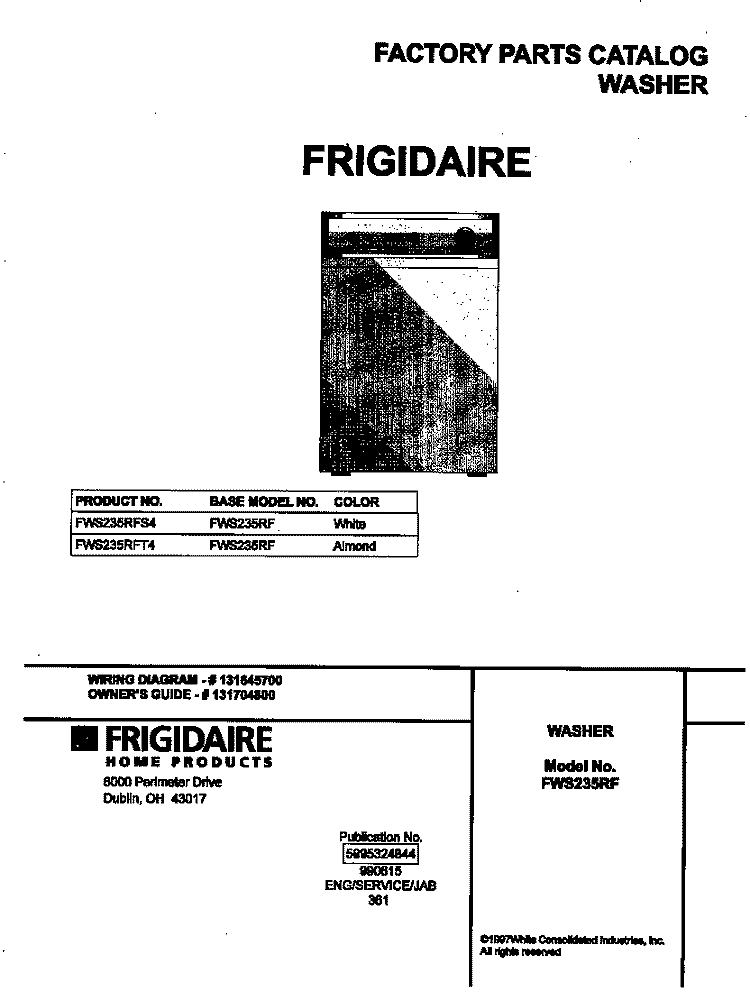 COVER Diagram and Parts List for FWS235RFS4  Frigidaire Washer