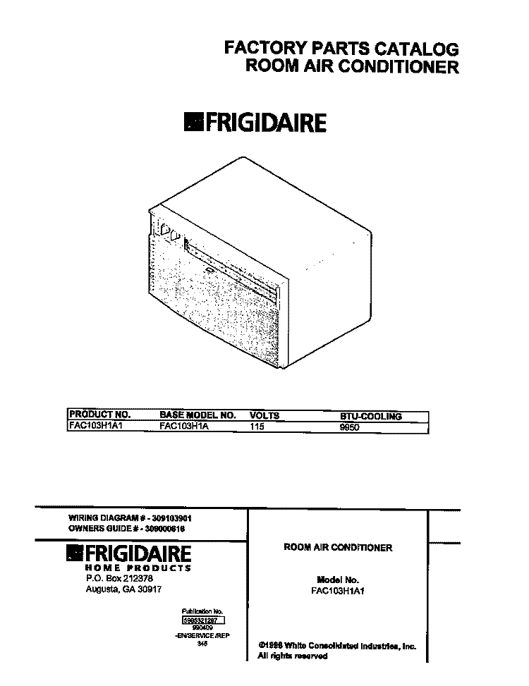 COVER Diagram and Parts List for FAC103H1A1  Frigidaire Air Conditioner