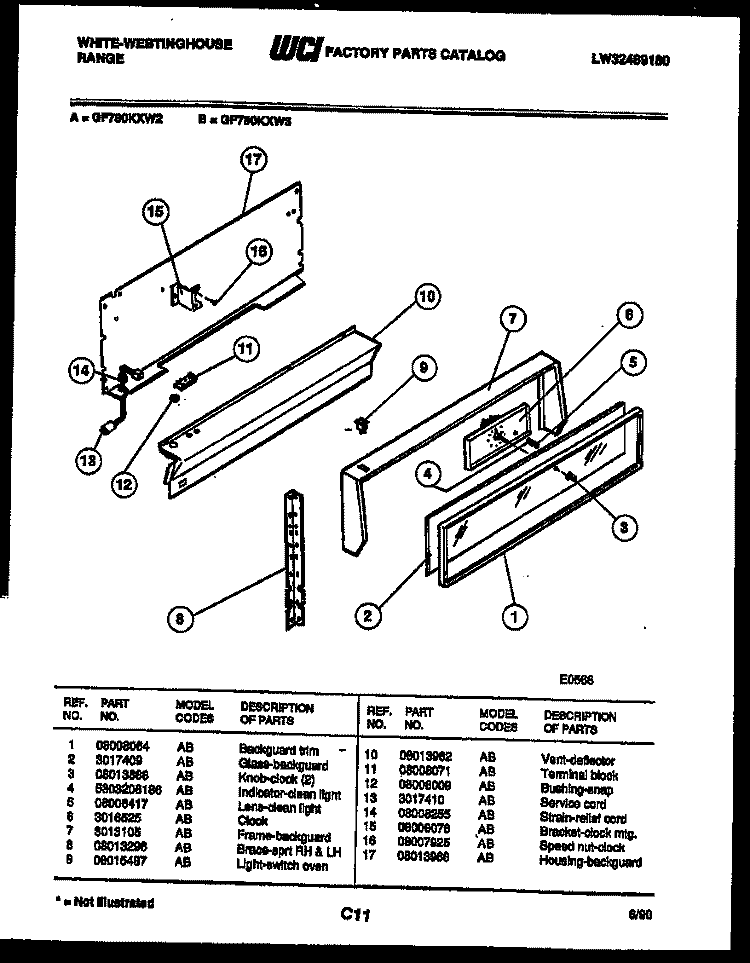 BACKGUARD Diagram and Parts List for GF780KXW3  Frigidaire Range