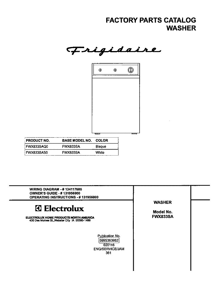 COVER Diagram and Parts List for FWX833SAS0  Frigidaire Washer