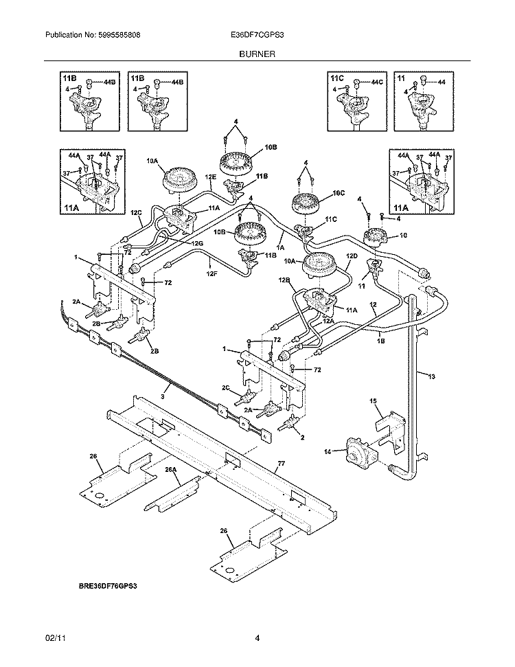 BURNER Diagram and Parts List for E36DF7CGPS3  Electrolux Range