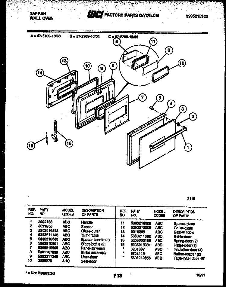 LOWER OVEN DOOR PARTS Diagram and Parts List for 57-2709-10-05  Tappan Microwave Oven Combo