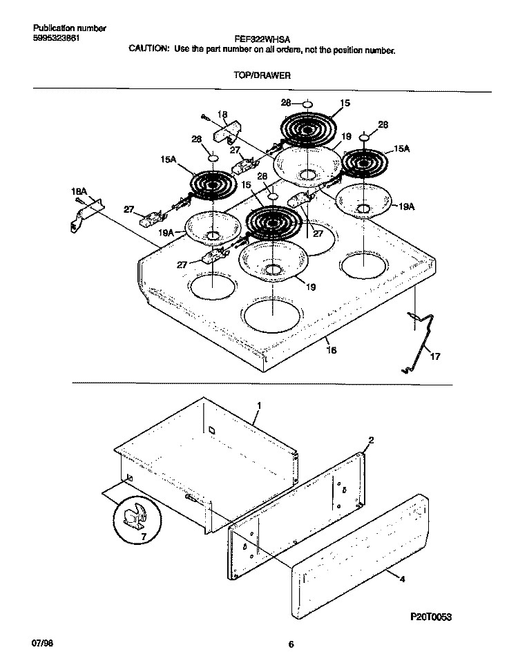 TOP / DRAWER Diagram and Parts List for FEF322WHSA  Frigidaire Range