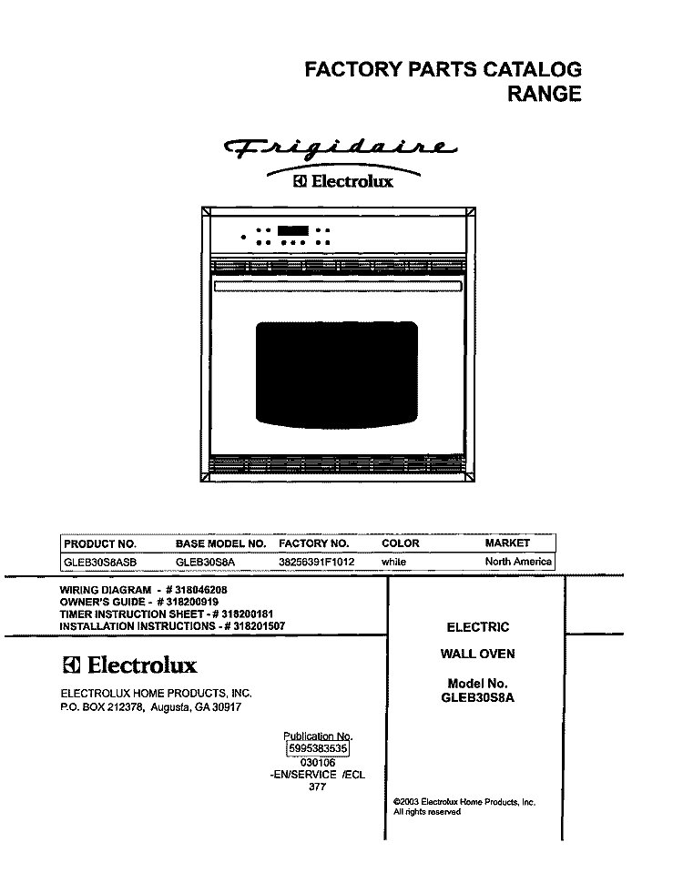 COVER Diagram and Parts List for GLEB30S8ASB  Frigidaire Wall Oven