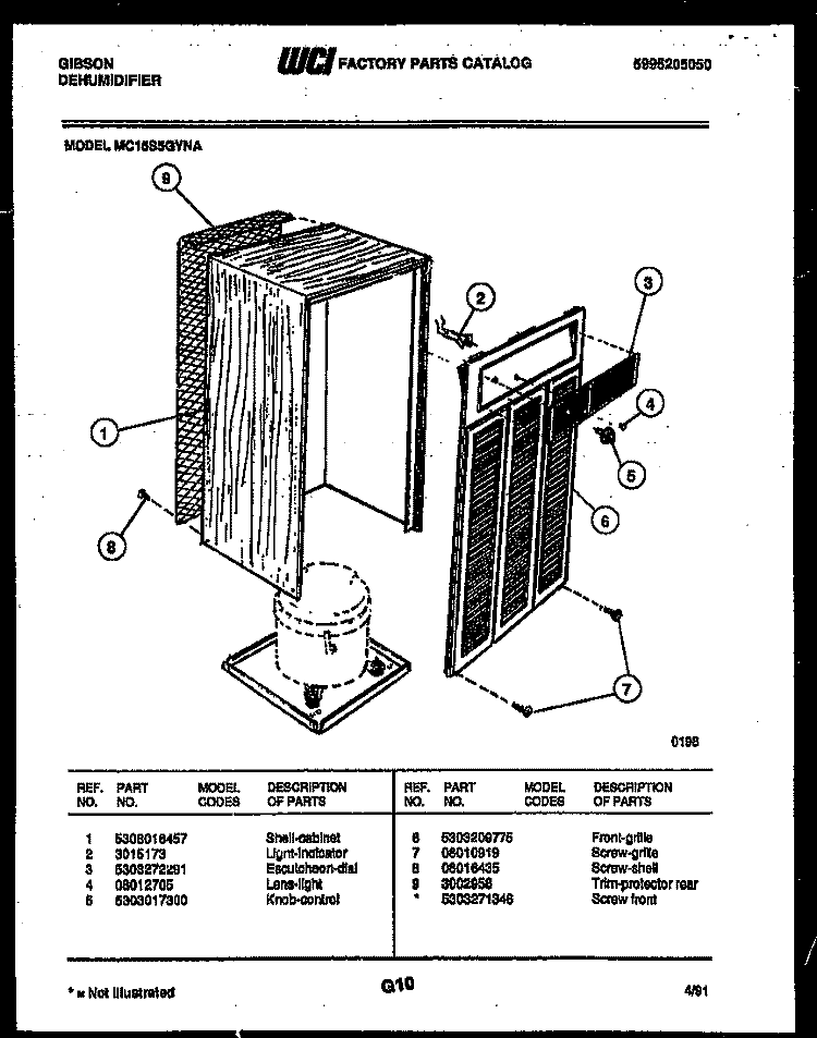 CABINET AND CONTROL PARTS Diagram and Parts List for MC15S5GYNA  Gibson Dehumidifier