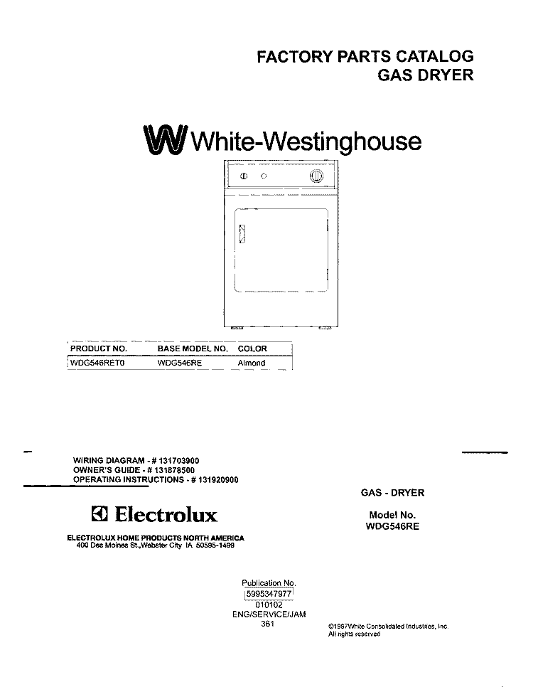 COVER Diagram and Parts List for WDG546RET0  Frigidaire Dryer
