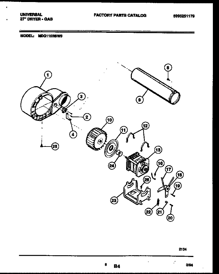 BLOWER AND DRIVE PARTS Diagram and Parts List for MDG116RBW0  Frigidaire Dryer