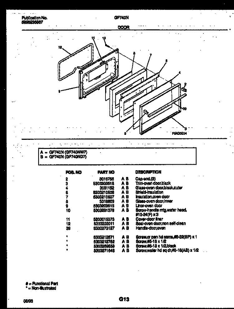 DOOR PARTS Diagram and Parts List for GF740ND7  Frigidaire Range