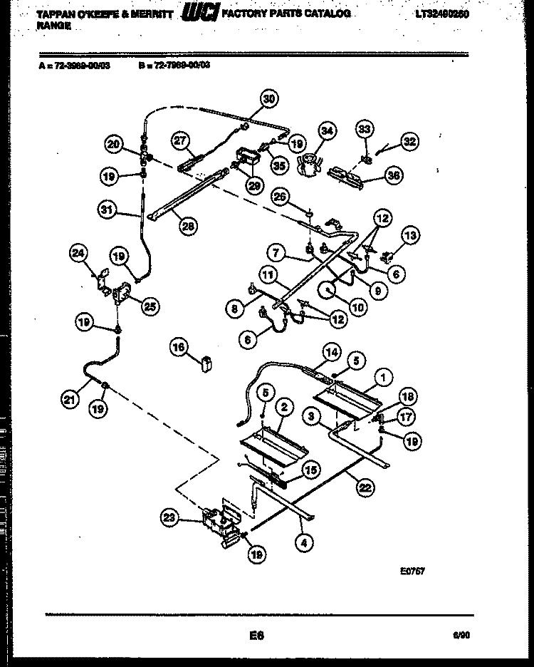 BURNER, MANIFOLD AND GAS CONTROL Diagram and Parts List for 72-3989-00-03  Tappan Range