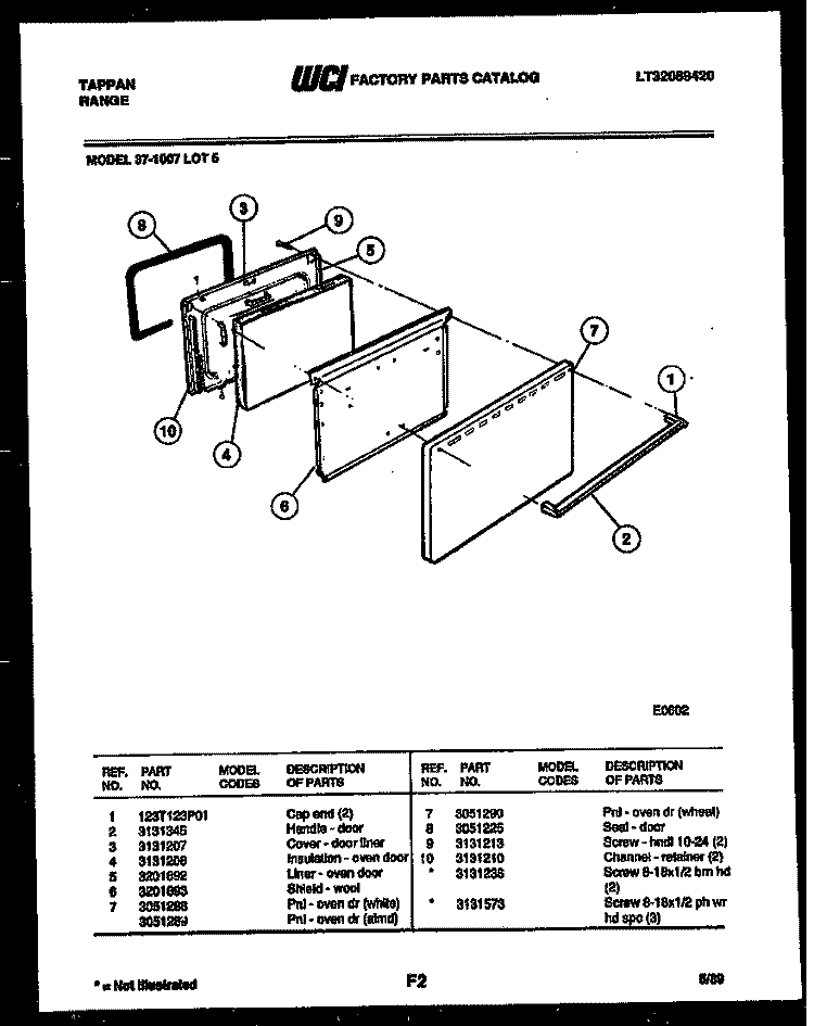 DOOR PARTS Diagram and Parts List for 37-1007-00-05  Tappan Range