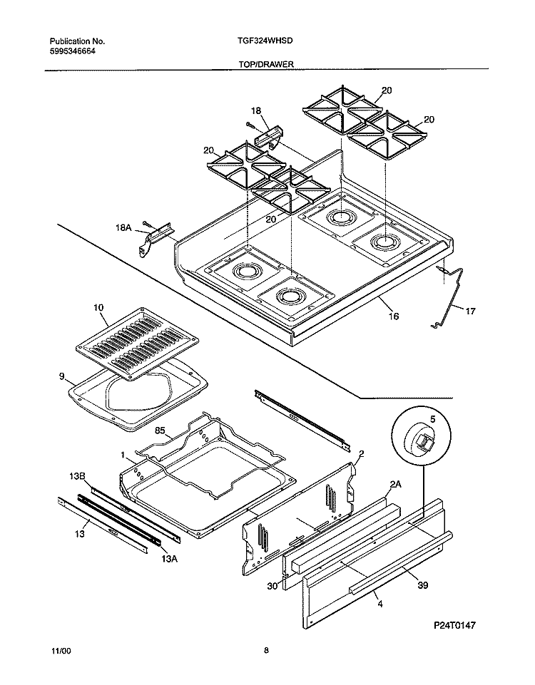 TOP / DRAWER Diagram and Parts List for TGF324WHSD  Tappan Range