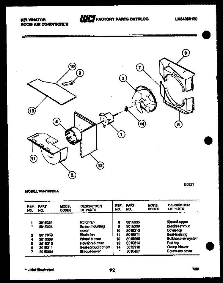 AIR HANDLING PARTS Diagram and Parts List for MH418F2SA  Kelvinator Air Conditioner