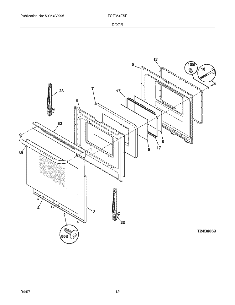 DOOR Diagram and Parts List for TGF351ESF  Tappan Range