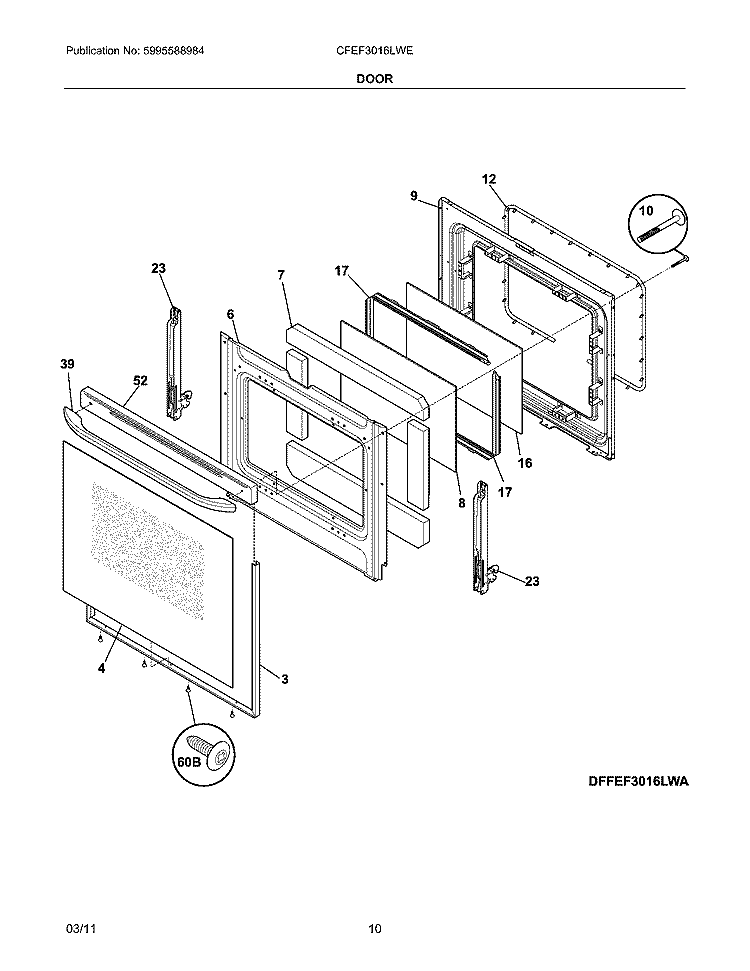 DOOR Diagram and Parts List for CFEF3016LWE  Frigidaire Range