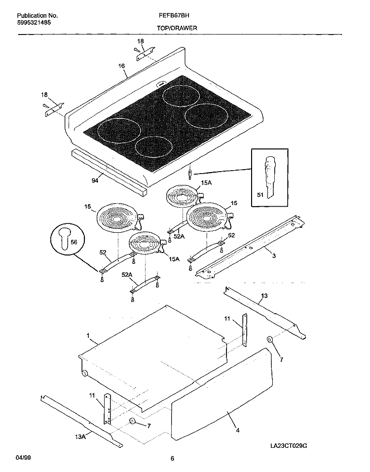 TOP / DRAWER Diagram and Parts List for FEFB67BHDA  Frigidaire Range