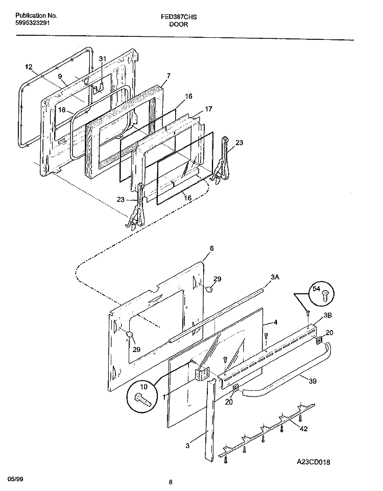 DOOR Diagram and Parts List for FED387CHSA  Frigidaire Range