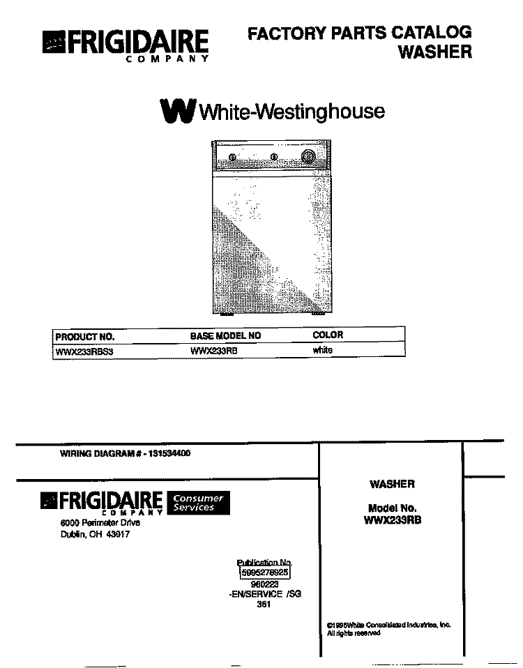 COVER Diagram and Parts List for WWX233RBS3  Frigidaire Washer