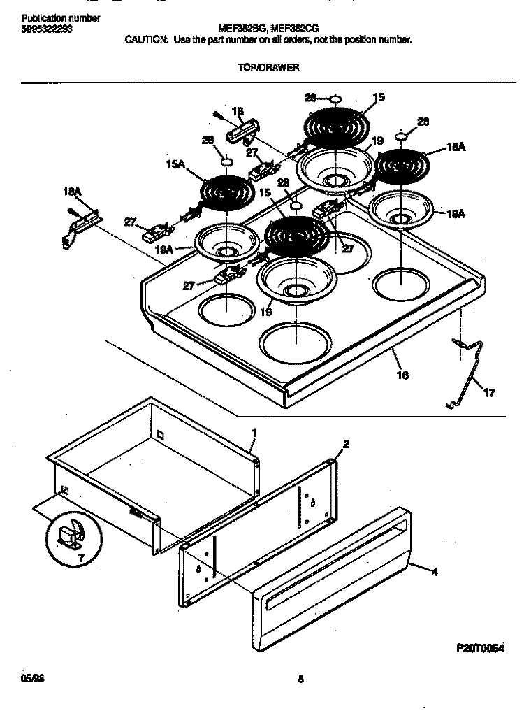 TOP / DRAWER Diagram and Parts List for MEF352BGWD  Frigidaire Range