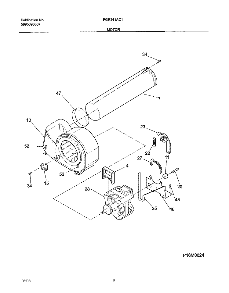 MOTOR Diagram and Parts List for FGR341AC1  Frigidaire Dryer