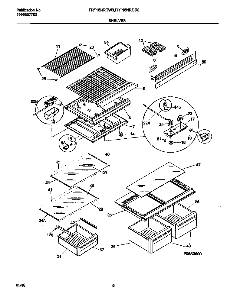 SHELVES Diagram and Parts List for FRT16NRGW0  Frigidaire Refrigerator