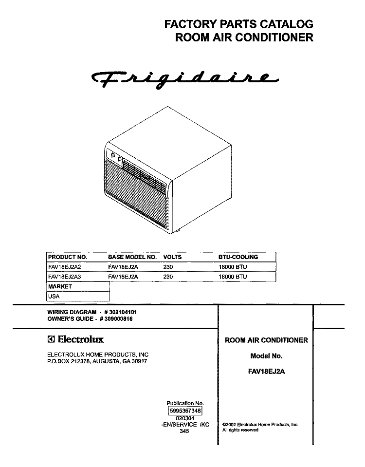 COVER Diagram and Parts List for FAV18EJ2A3  Frigidaire Air Conditioner
