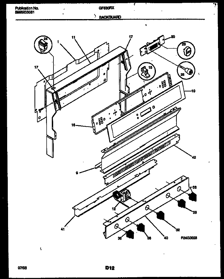 BACKGUARD Diagram and Parts List for GF630RXW2  Frigidaire Range