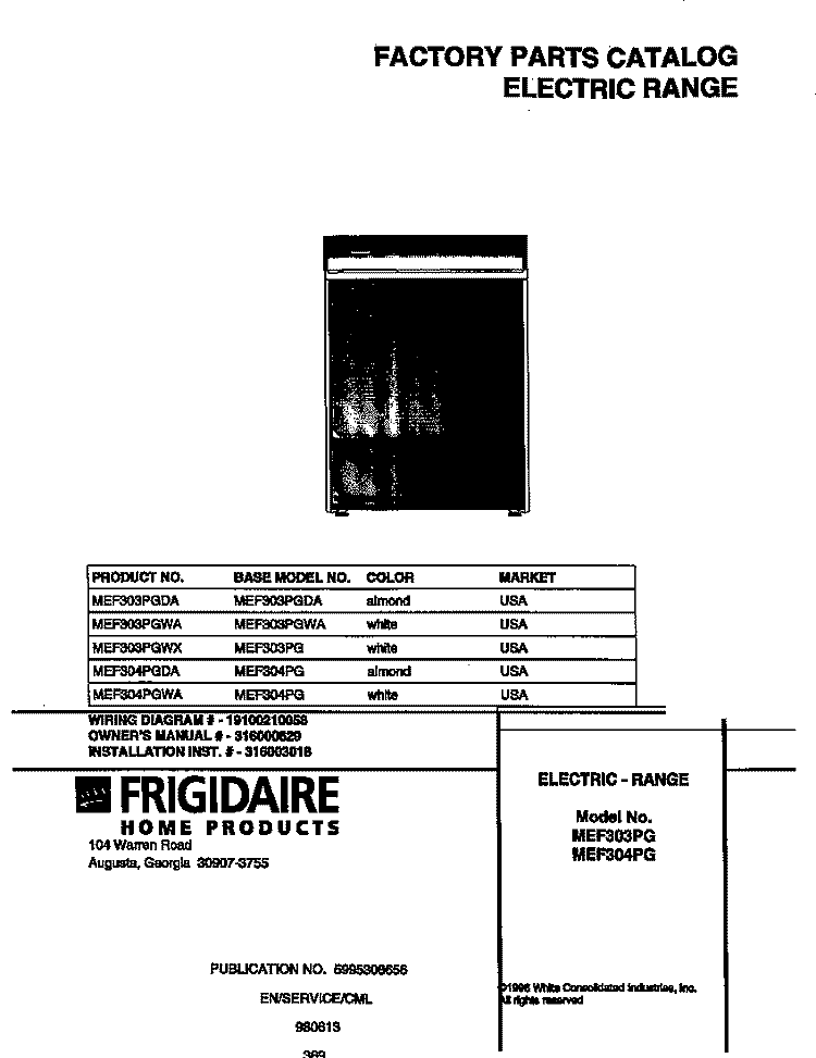 COVER Diagram and Parts List for MEF303PGWA  Uni Range