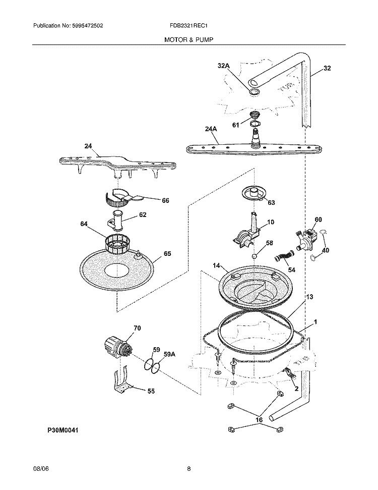 MOTOR & PUMP Diagram and Parts List for FDB2321REC1  Frigidaire Dishwasher