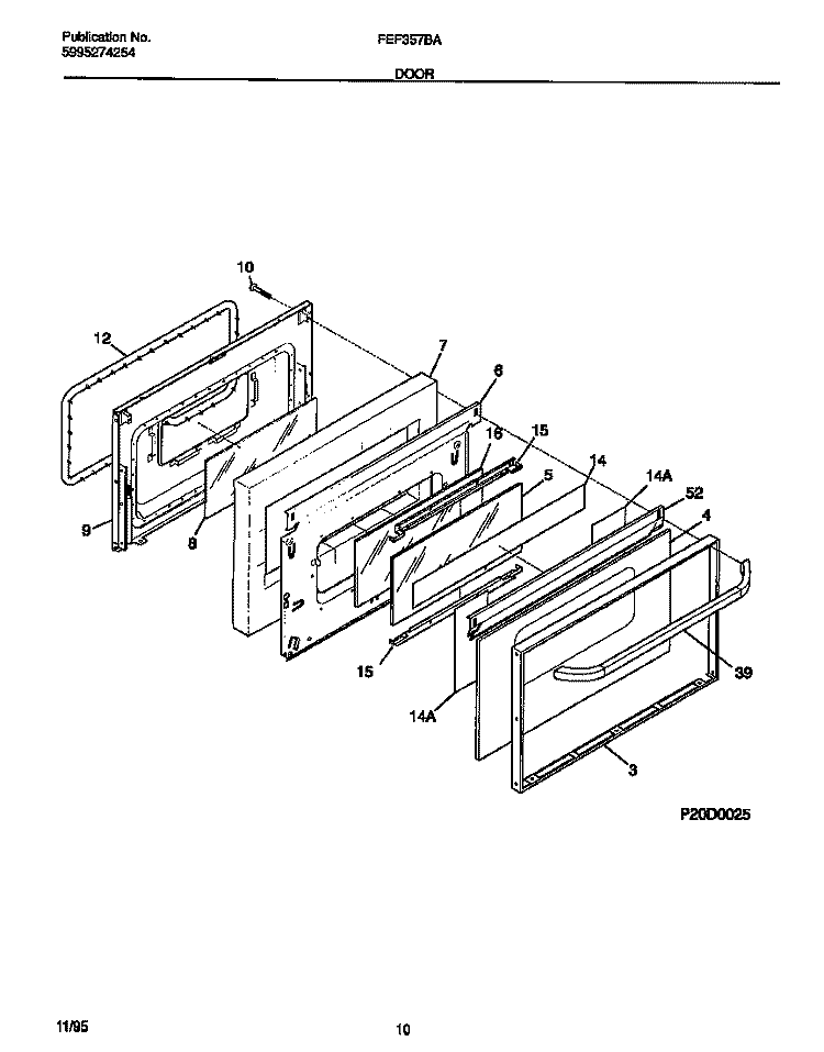DOOR Diagram and Parts List for FEF357BAWE  Frigidaire Range