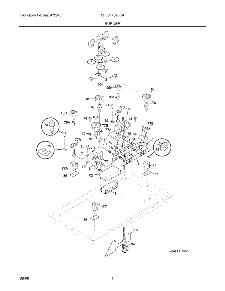 BURNER Diagram and Parts List for CPLCF489DC4  Frigidaire Range